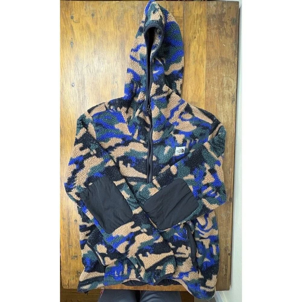 The North Face Campshire Fleece Hoodie Camo Blue Green Sherpa Pullover Jacket L